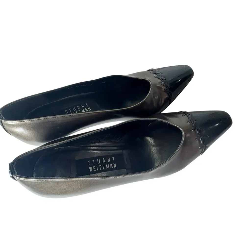 Stuart Weitzman Womens 7.5B Patent Leather Heels‎ Pewter Metallic Braided Pump